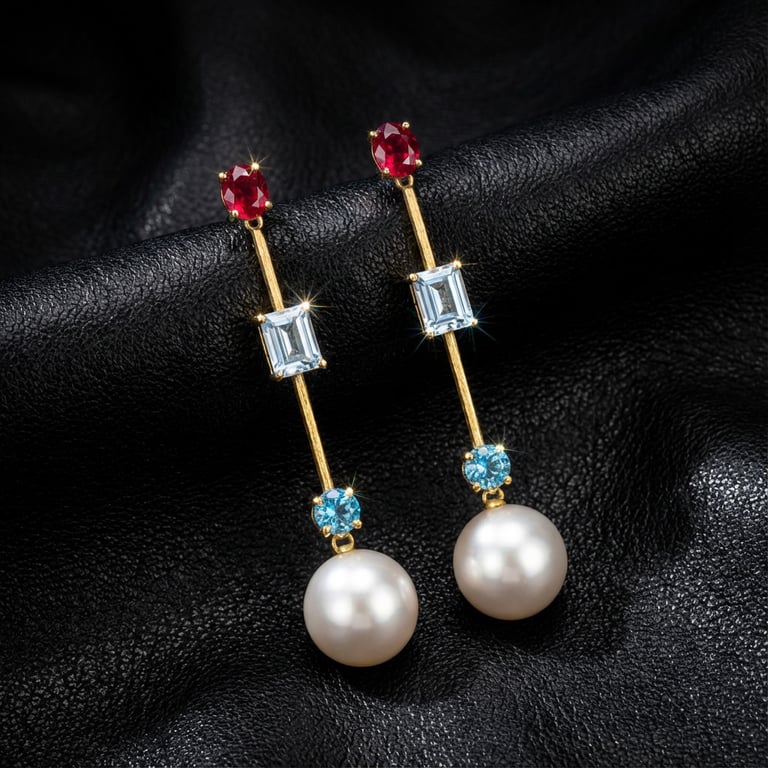 Garnet, Topaz and Pearl Sterling Silver Stud Earrings