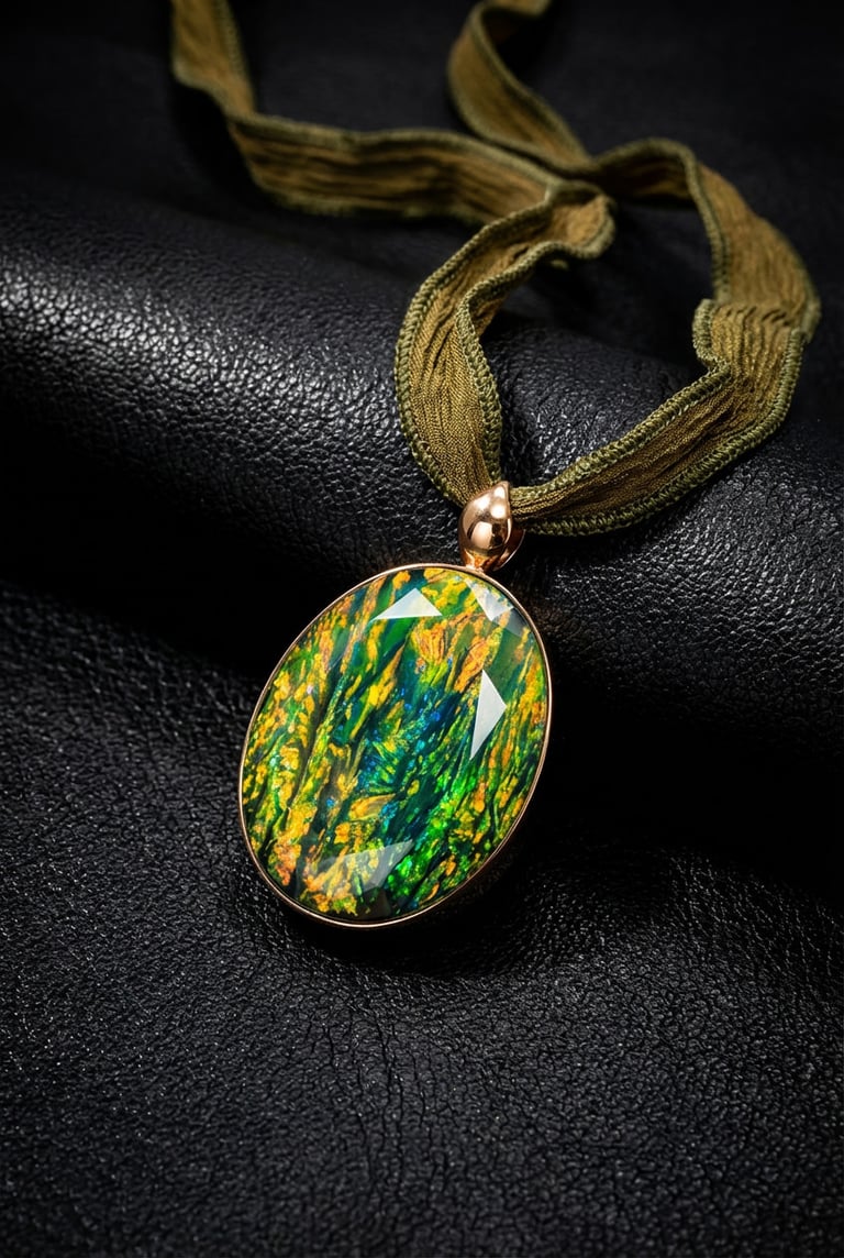 Green Opal Silk Ribbon Necklace in Gold Tone