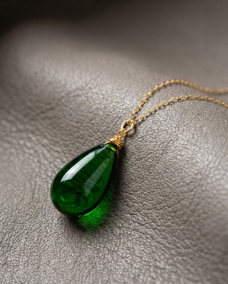 Emerald Green Czech Glass Teardrop Silver Necklace