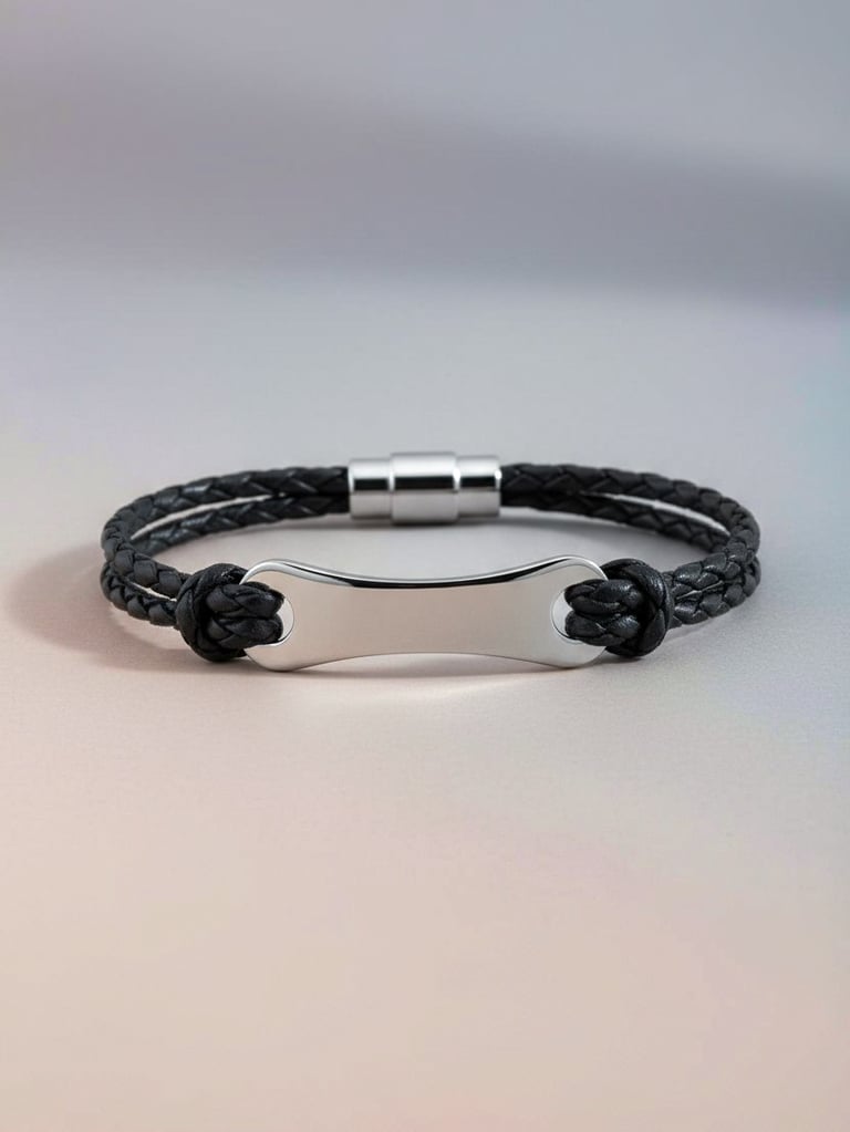 Individually Engraved Leather and Steel Bracelet