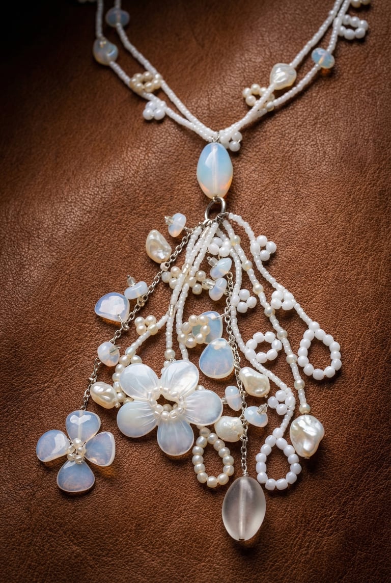 Czech Glass Moonstone Effect Beaded Tassel Long Necklace