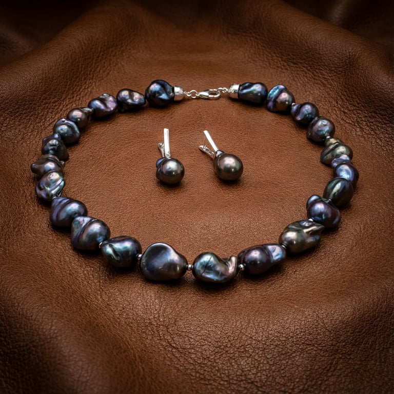 Black Freshwater Pearl Necklace and Earrings Set