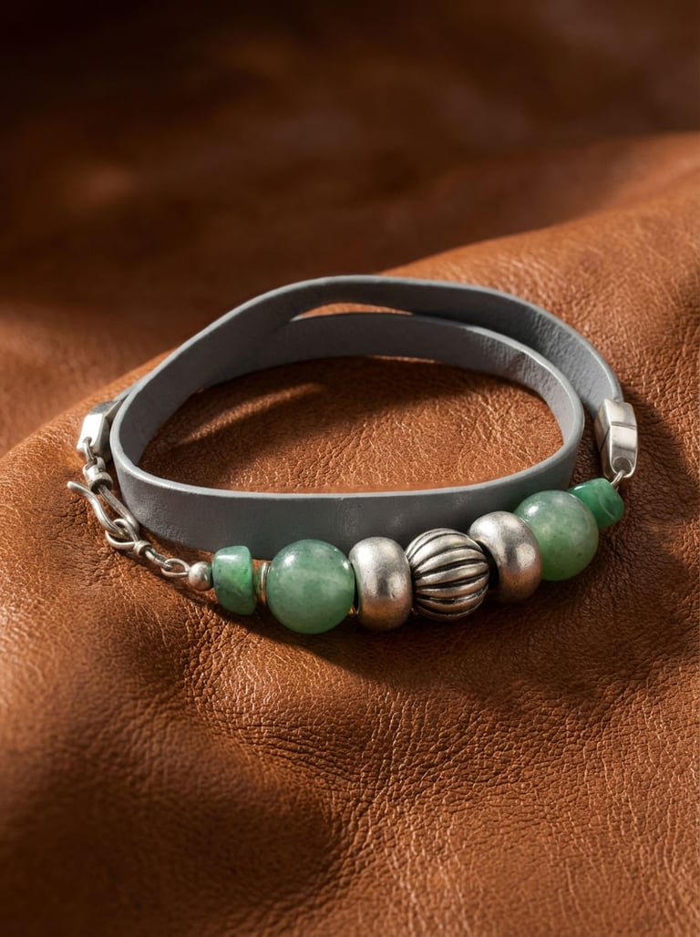 Natural Jade Bead and Leather Bracelet