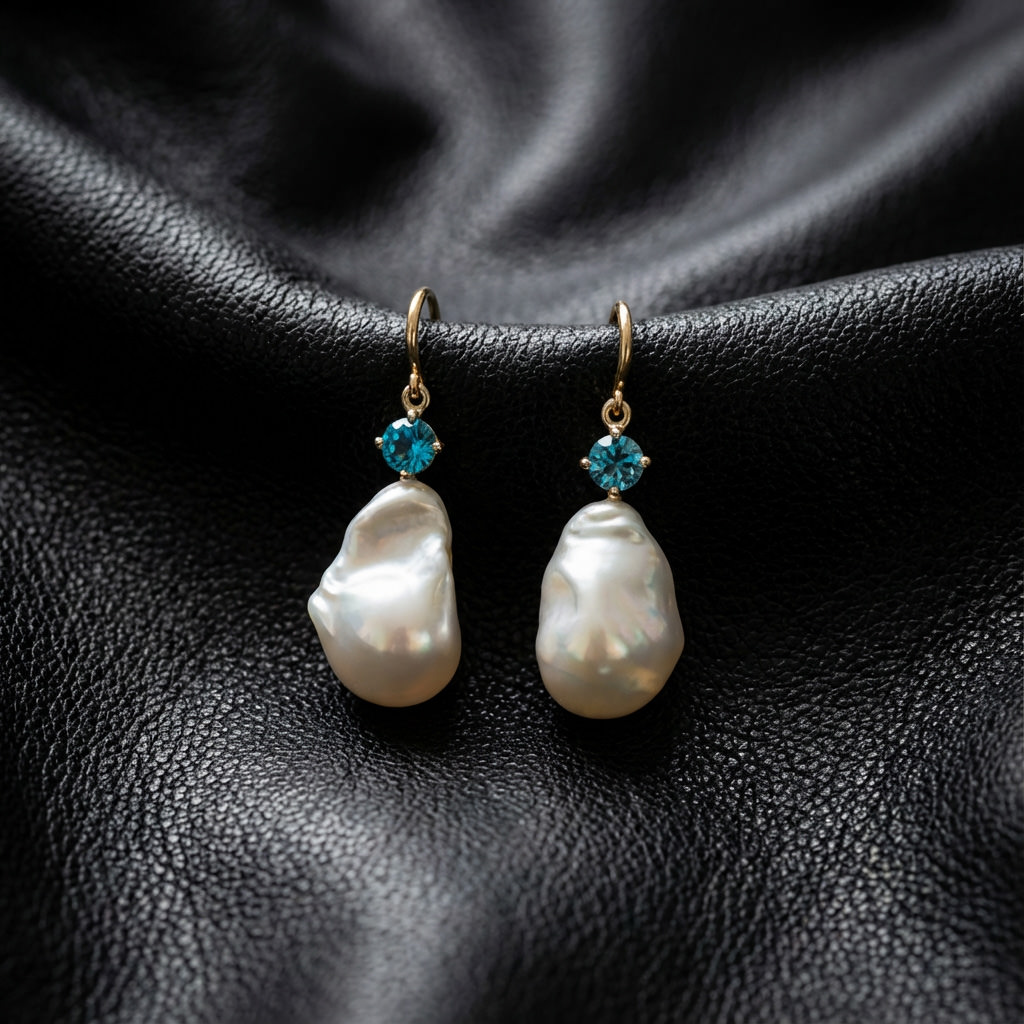 10K Yellow Gold London Blue Topaz and Baroque Pearl Earrings