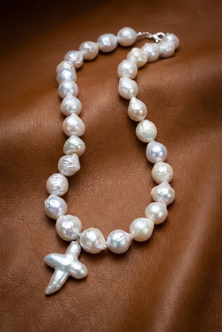 Baroque 'Crushed Silk' Pearl and Cross Necklace in Sterling Silver