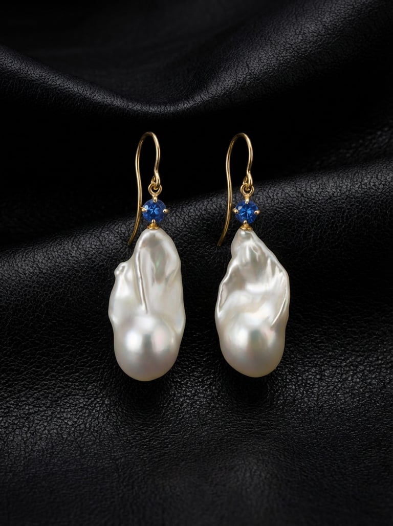 Baroque Pearl and Blue Sapphire 10K Gold Earrings