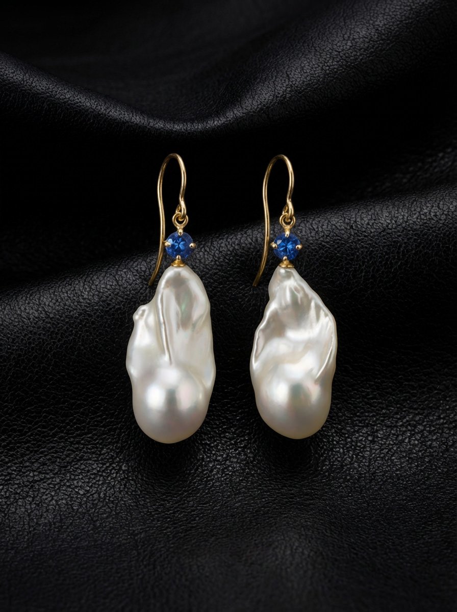 Baroque Pearl and Blue Sapphire 10K Gold Earrings