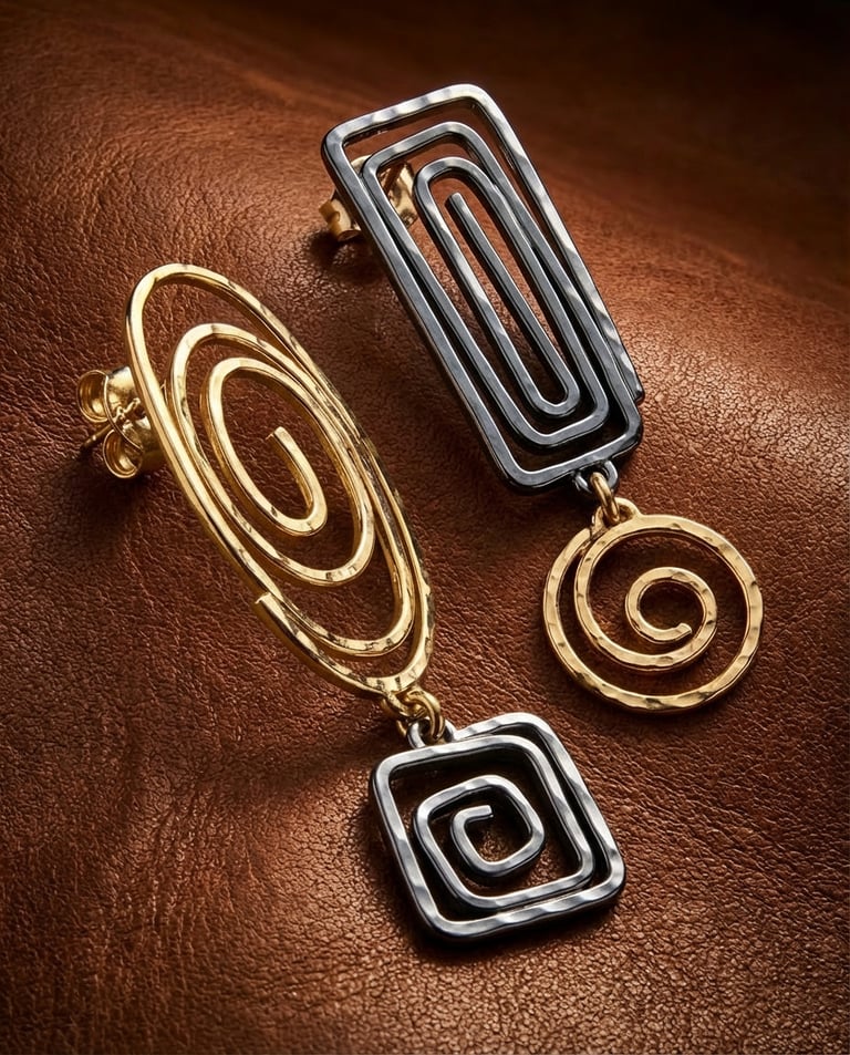 Hammered Sterling Silver and Ceramic Asymmetric Earrings