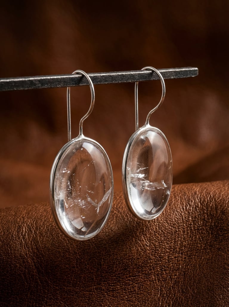 Oval Briolette Cabochon Natural Rock Crystal Earrings