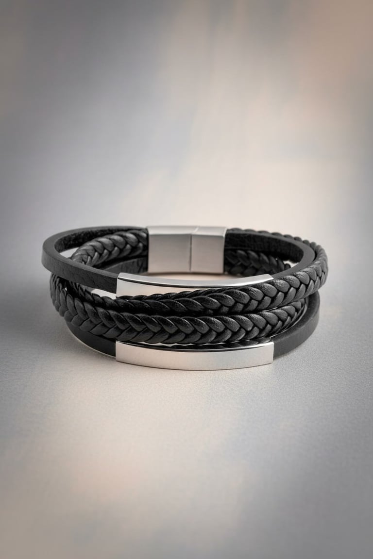 Personalised Engraved Leather and Steel Bracelet