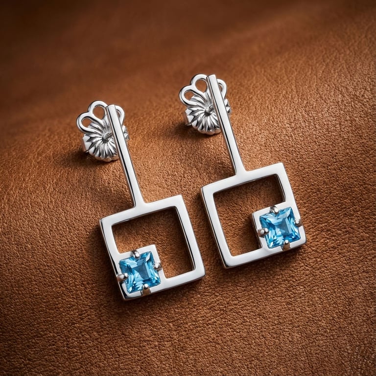 Square Studs Earrings with Blue Topaz or Blue Sapphire