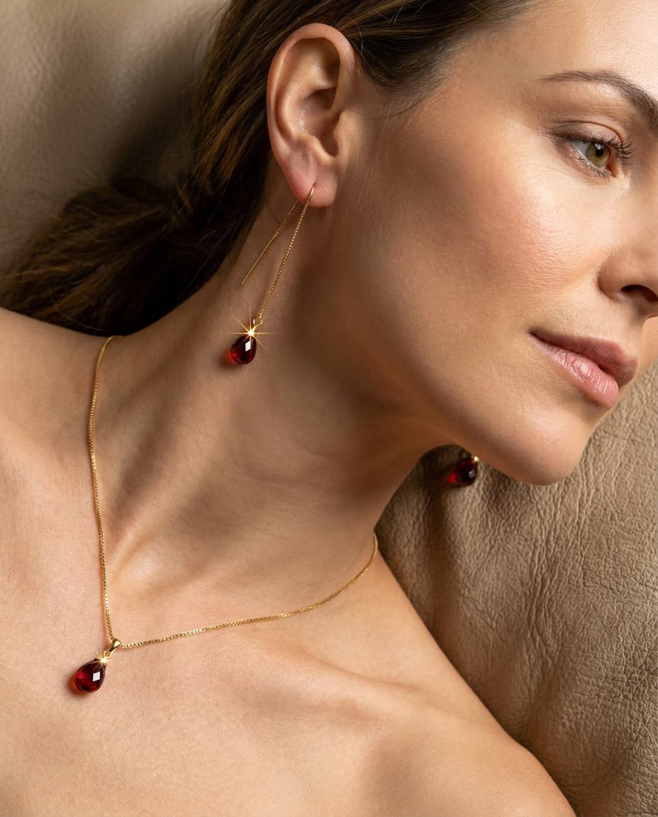 14K Yellow Gold Garnet Teardrop Earrings and Necklace Set
