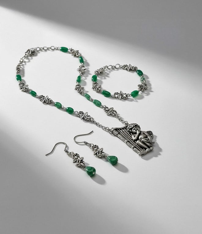 Amour with Harp Jewellery Set in Aventurine and Aged Silver
