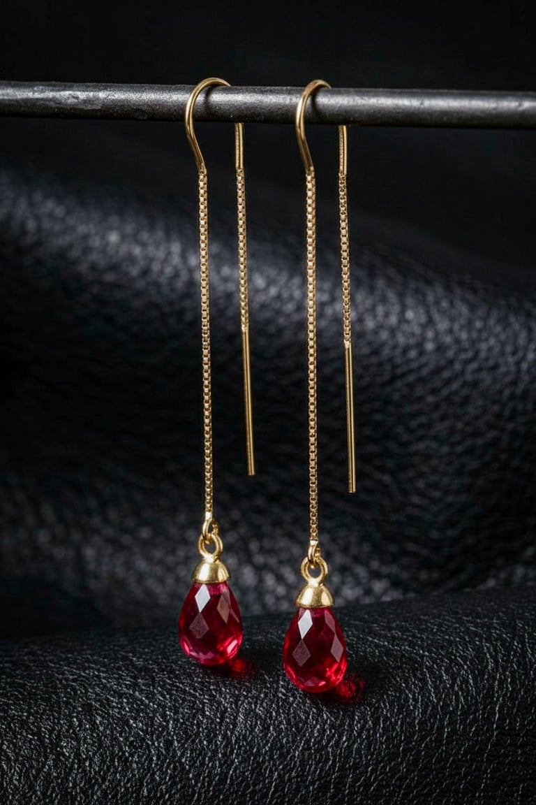Teardrop Synthetic Ruby Ear Threader Earrings in 14K Gold or Silver