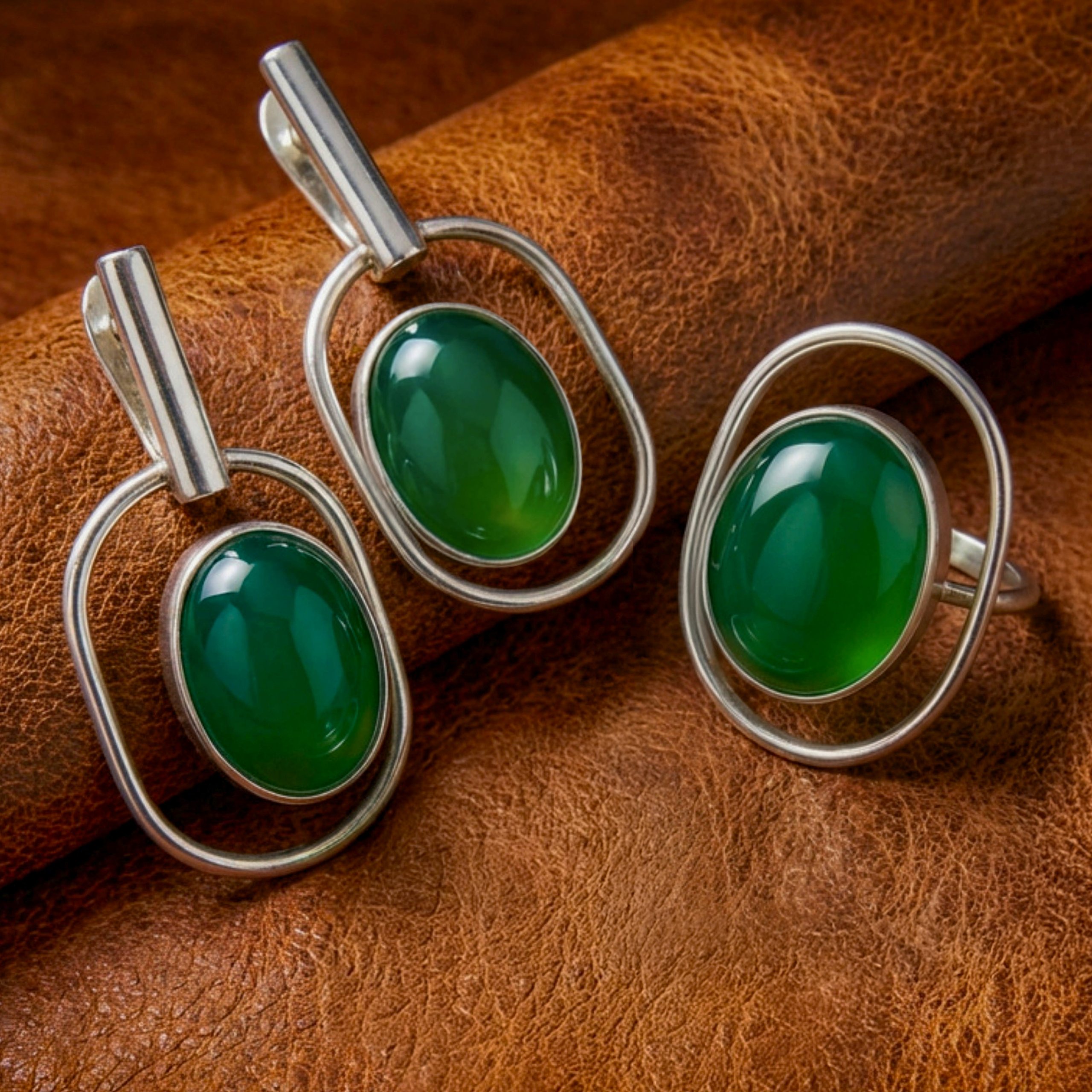 Lever Back Earrings and Ring Set with Green Onyx