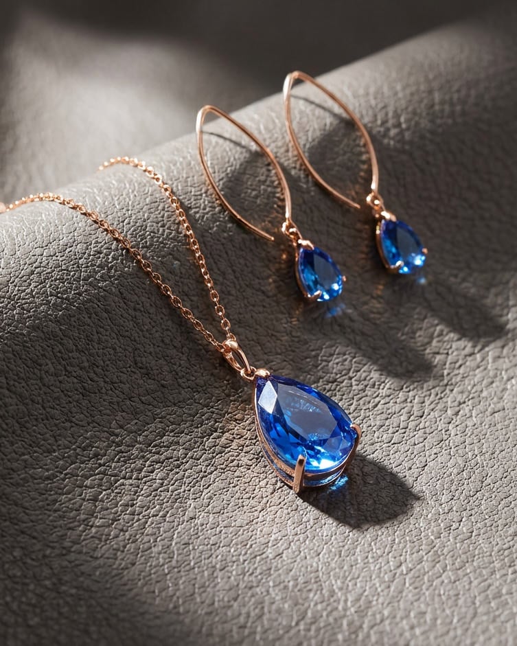 Pear Faceted Blue Sapphire Suite - Sterling Silver/10K Rose Gold