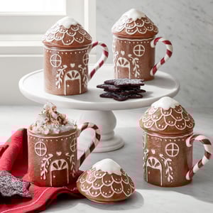 Gingerbread House Lidded Stoneware Mugs - Set of 4