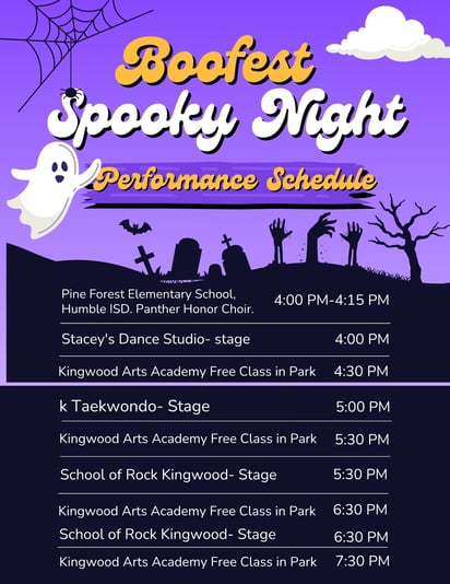 Purple and Yellow Gradient Illustration Halloween Spooky Night Program Schedule