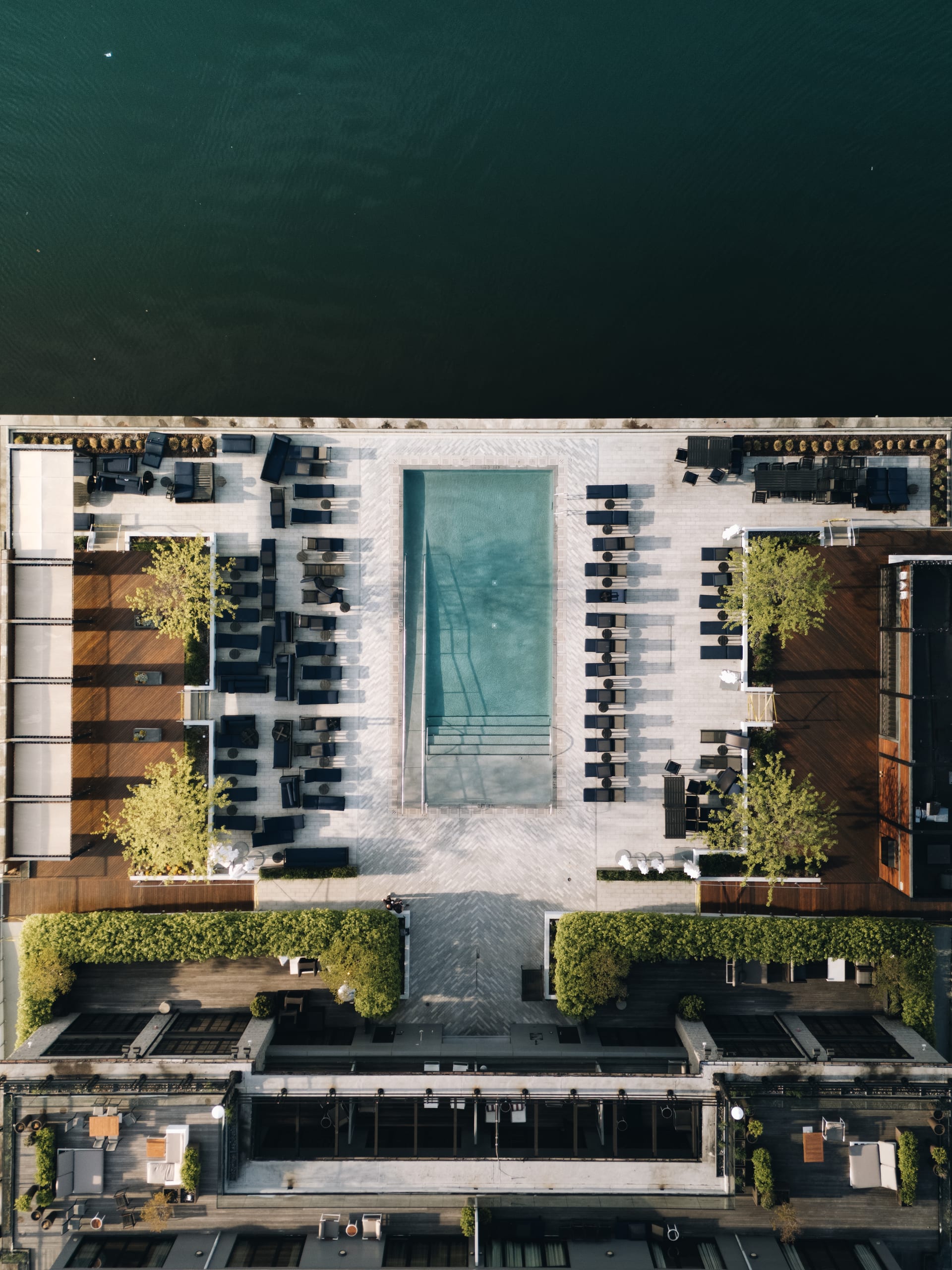 A hotel pool deck photographed straight down from the air, loungers ranked along both long sides and clipped hedges squaring off the ends, dark green harbour water across the top of the frame