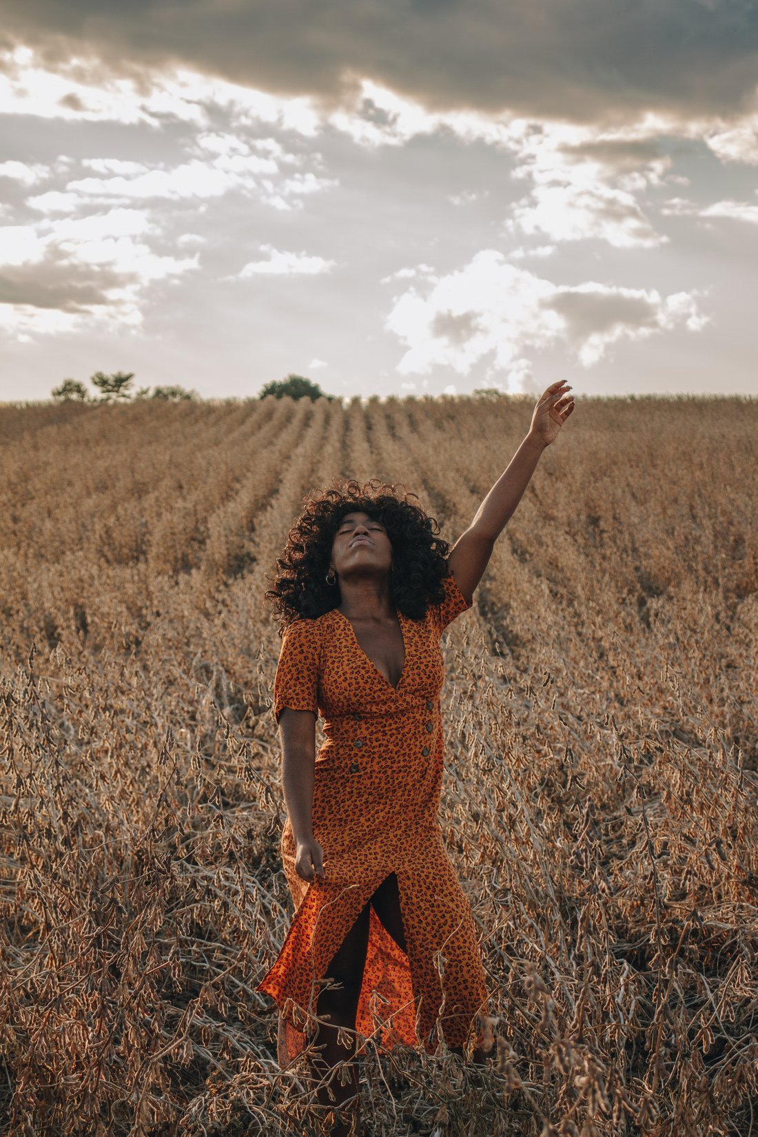 A woman in an orange dress standing in the stubble with one arm raised to a wide, clouded sky