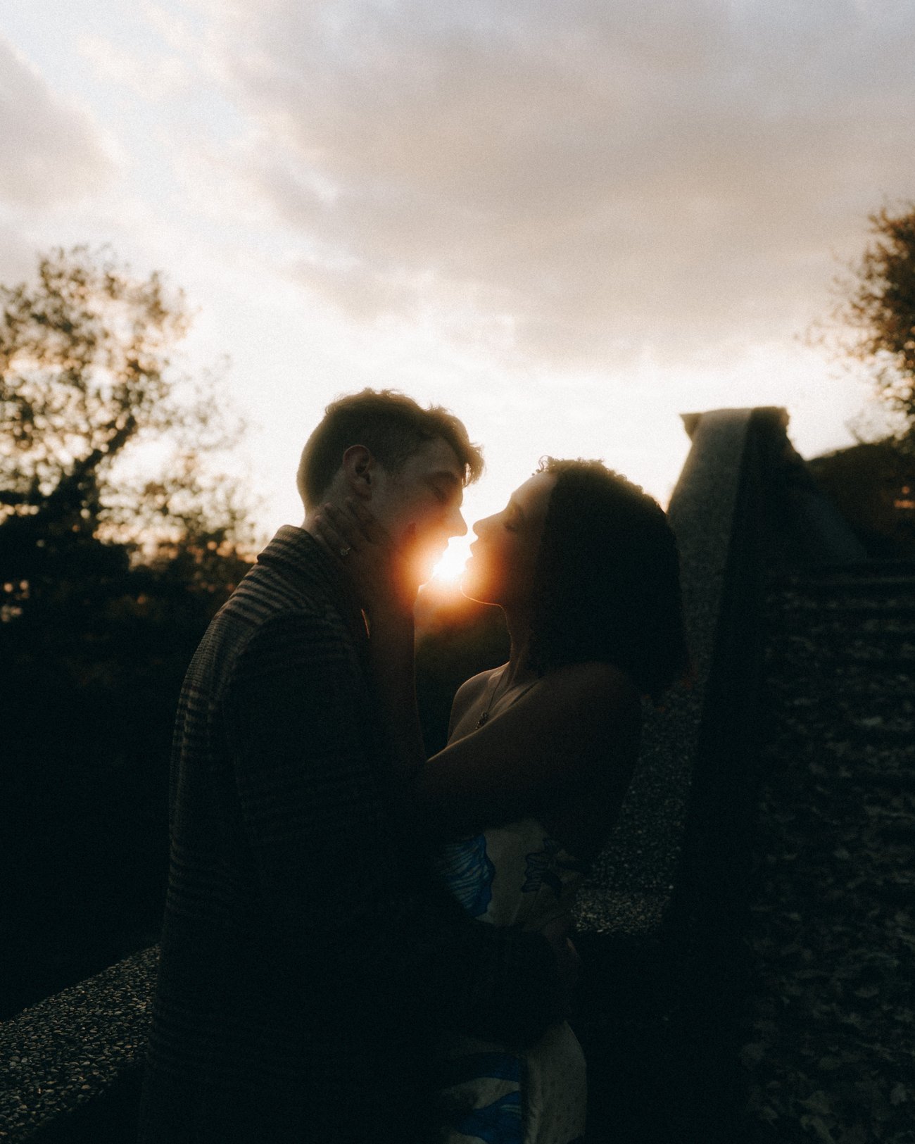 Nose to nose at sunset, the sun burning through the narrow gap between their faces