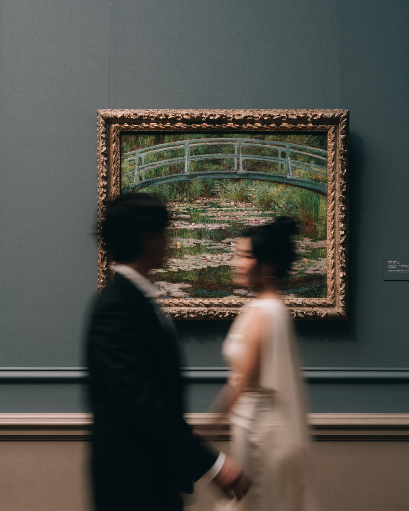A couple walking past Monet's Japanese footbridge, motion blurred, their hands almost touching