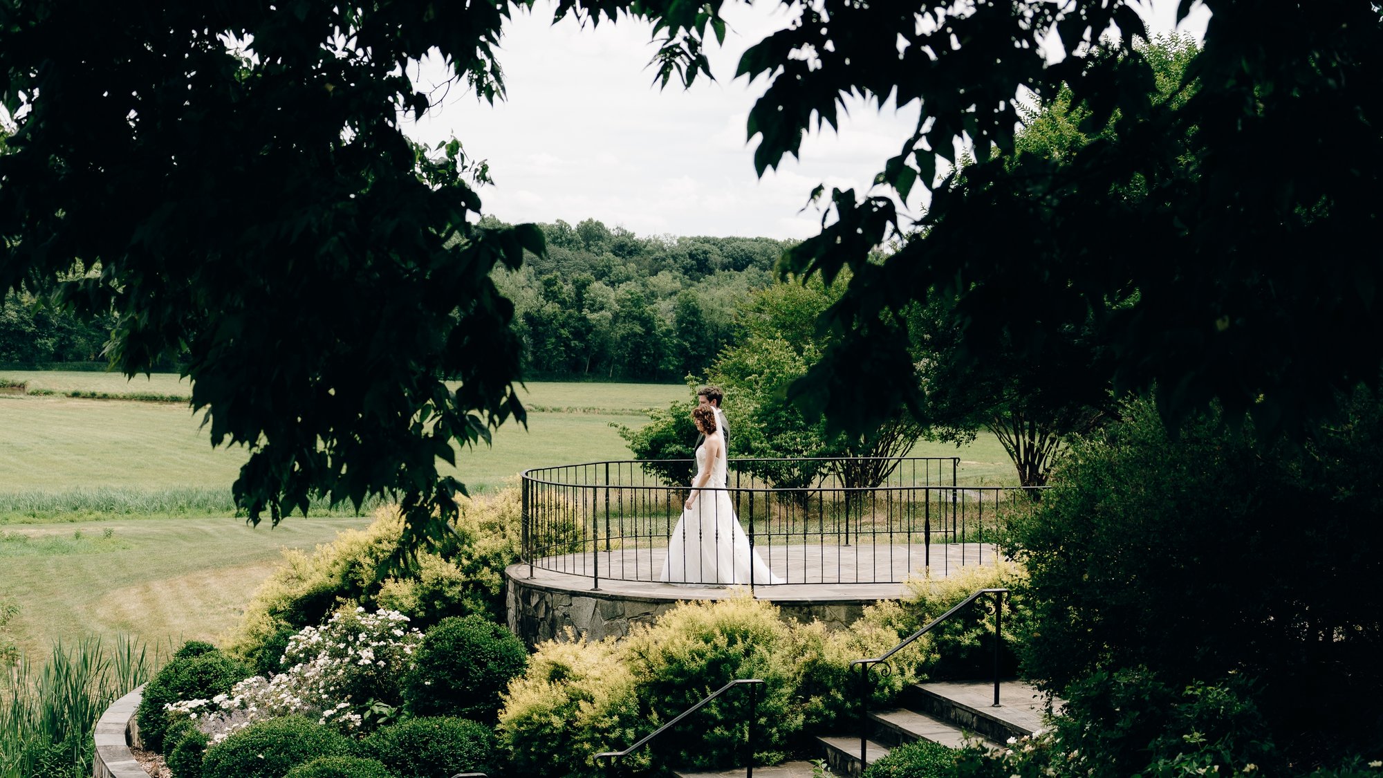 The garden seen through dark leaves, the bride alone on the stone balcony above the field