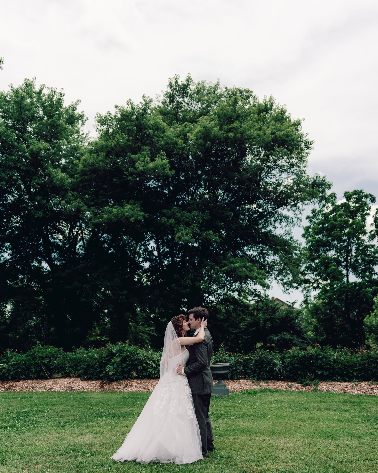 The bride and groom kissing on the lawn beneath a huge summer tree