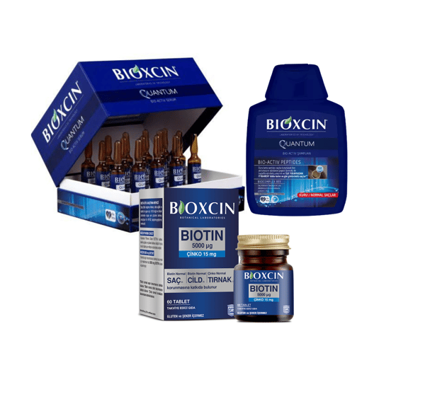 بيوكسين/Bioxcin مجموعة Bioxcin Quantum: أمبولات مصل تساقط الشعر 15 × 6 مل + شامبو 300 مل + مركب البيوتين 5000 مجم 60 كبسولة