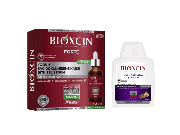 بيوكسين/Bioxcin مجموعة بيوكسين فورتي لتساقط الشعر المكثف: مصل بيوكسين فورتي 3 × 50 مل + شامبو بيوكسين بالثوم الأسود 300 مل