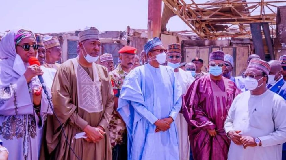 Buhari Visits Borno Market Razed By Fire, Donates Relief Ite