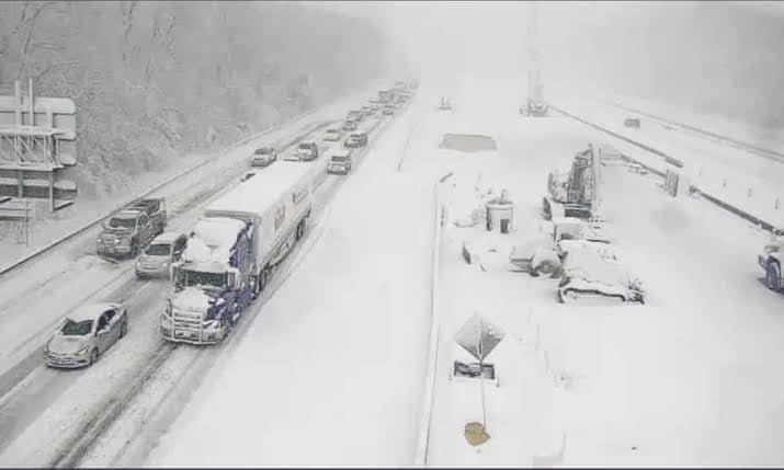 Heavy Snow, Crash Involving Six Trailers Causes Road Blockag