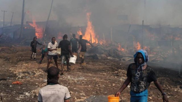 Residents, Traders Flee As Fire Engulfs Ebute Metta Plank Ma