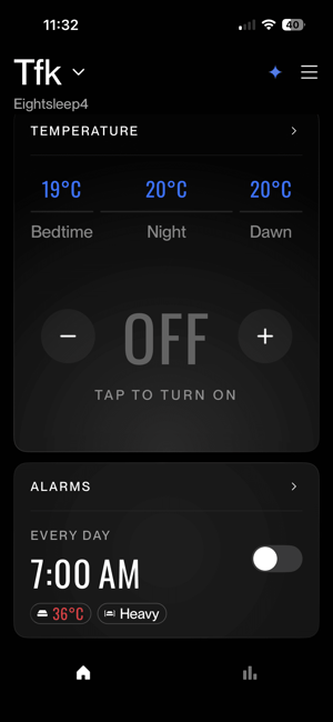 Eight Sleep app screenshot showing daily sleep stats and temperature controls