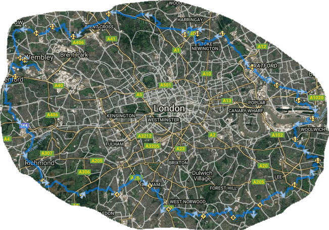 Map view of the Capital Ring cycling route in London