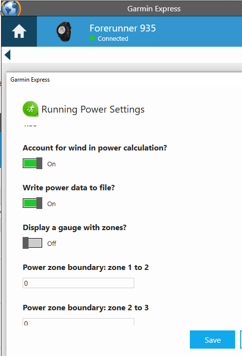 Running Power App Settings Garmin Express