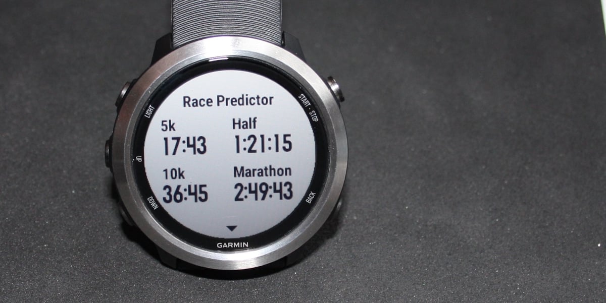 Garmin Race Predictor showing predicted finish times for 5K, 10K, half marathon and marathon on a Garmin Forerunner 645