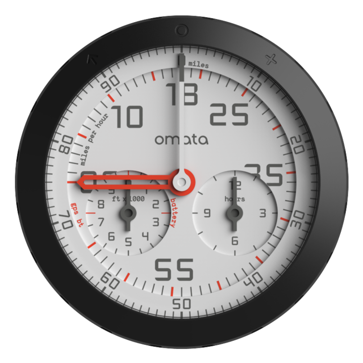 Omata analogue GPS bike computer dial with speed, distance, ascent and time hands
