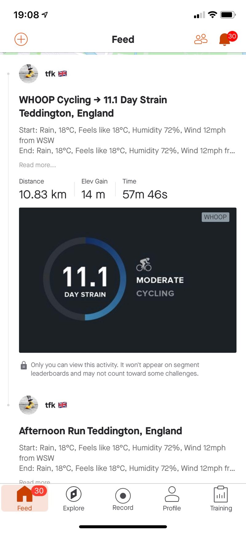 Strava app screenshot shows whoop data and image added to description