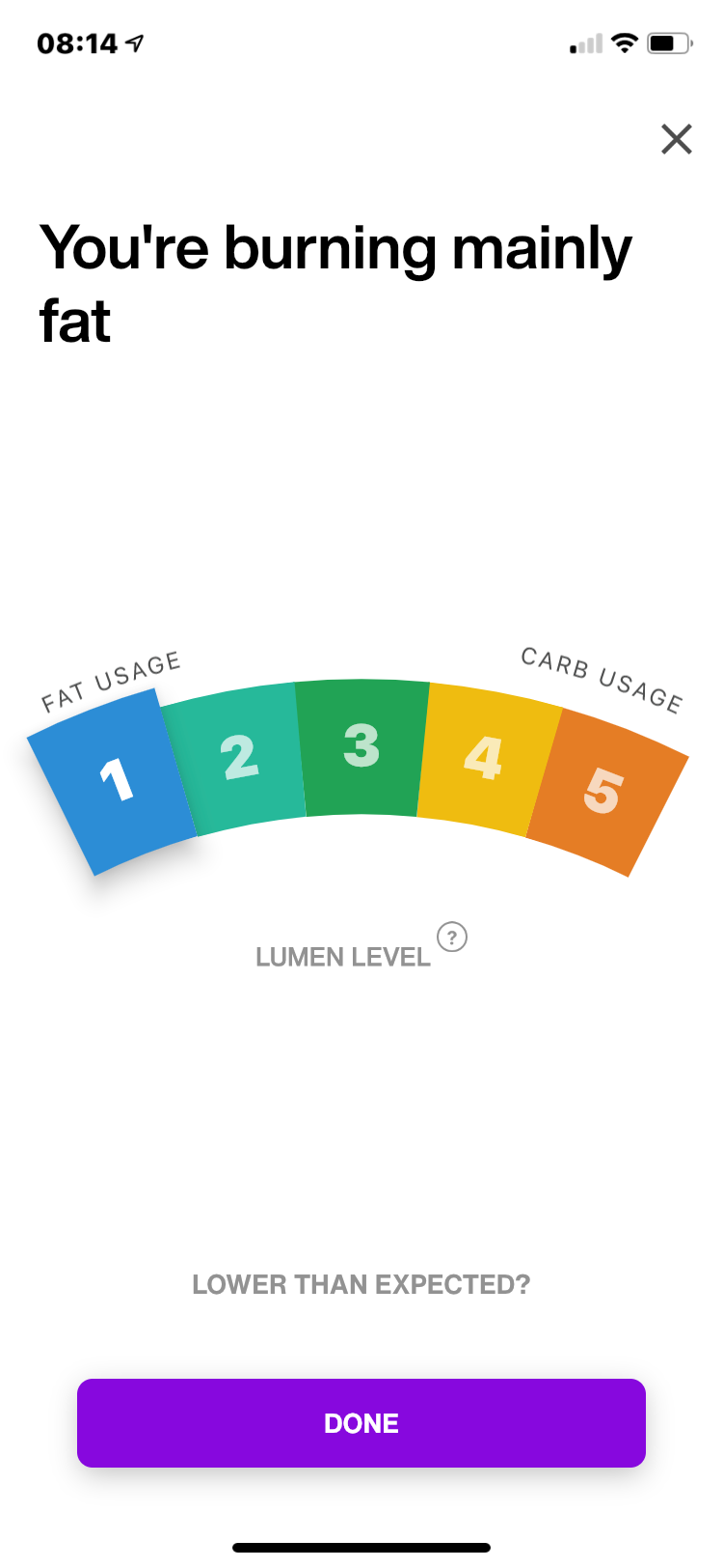 Lumen app metabolism score display showing fat vs carb burning ratio on mobile screen
