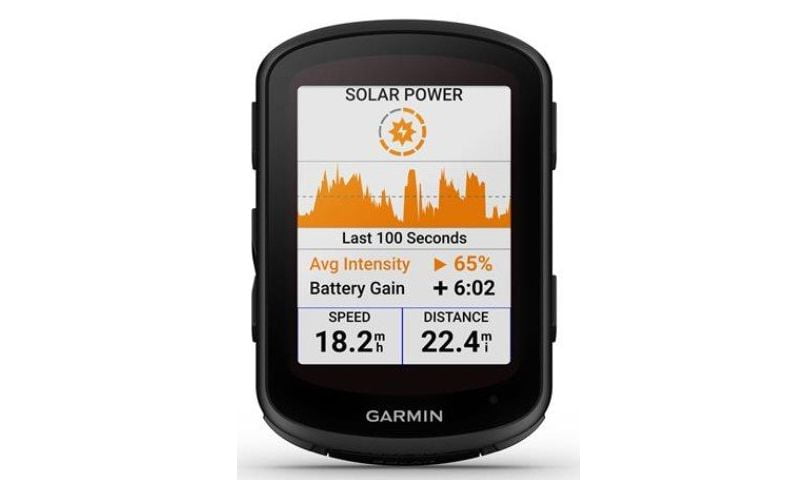 Garmin Edge 840 Solar showing the battery screen metric with "Solar Power" and "Battery Gain" fields.