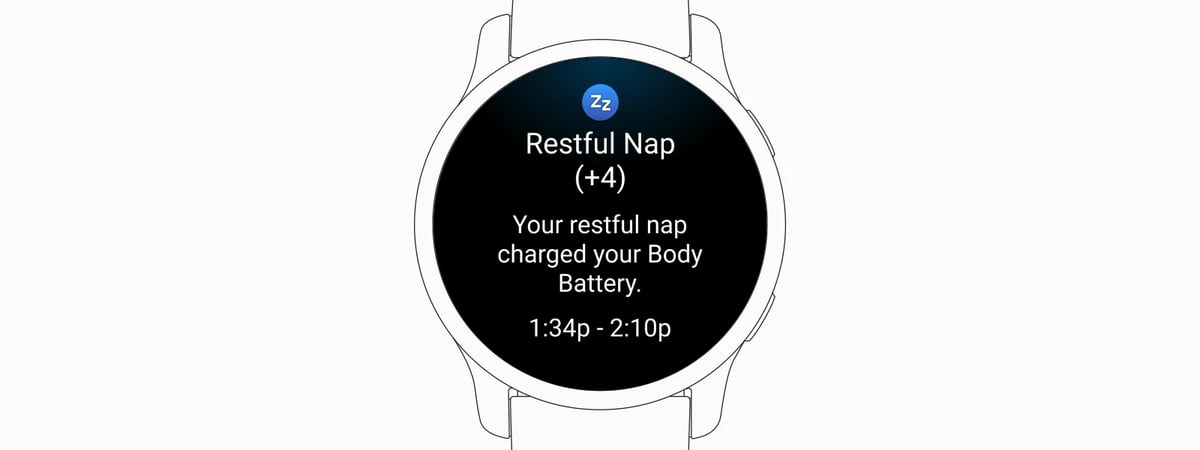 Garmin watch display showing nap detection details, likely from the Sleep Coach or Body Battery feature