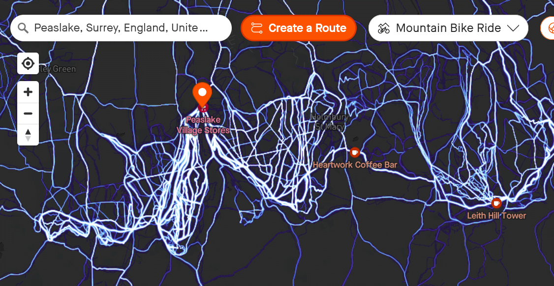 Strava heatmap showing popular gravel and mountain bike routes