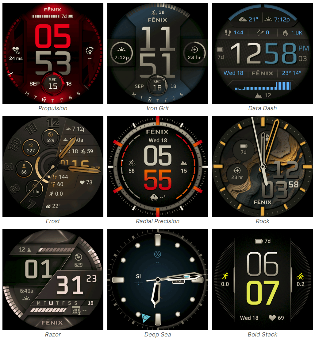 Selection of nine new Garmin fenix 8 watch faces from the Connect IQ store.