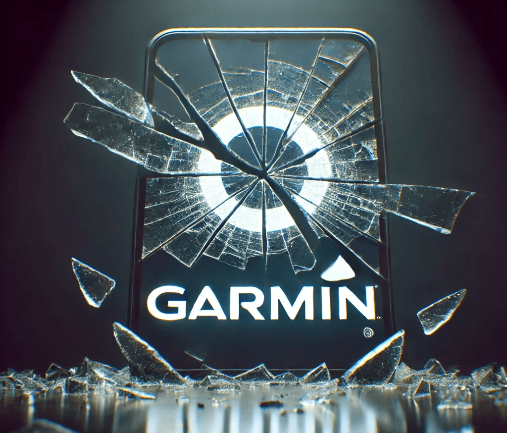 Garmin logo behind broken glass illustrating structural cracks in the company's future