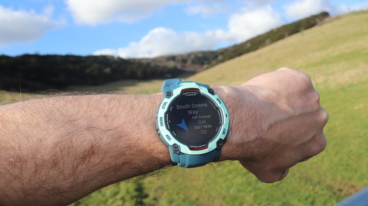 Garmin Instinct 3 screen showing the runner is off-track on the South Downs Way