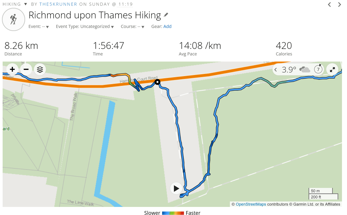 GPS track example showing reduced detail when using Expedition mode during a hike