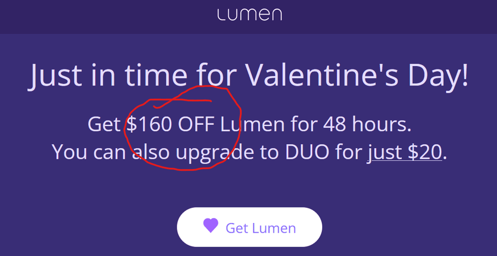 lumen $160 discount valentines
