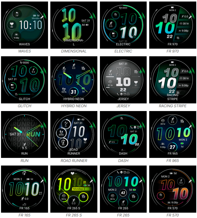 Garmin Forerunner 970 stock watch faces showing cluttered colourful designs