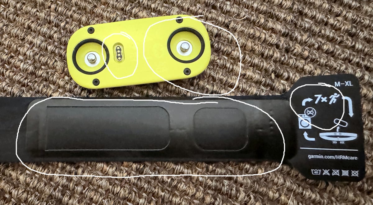 hrm 600 pod and strap showing contact pads and 2 pin connectors and washing instructions